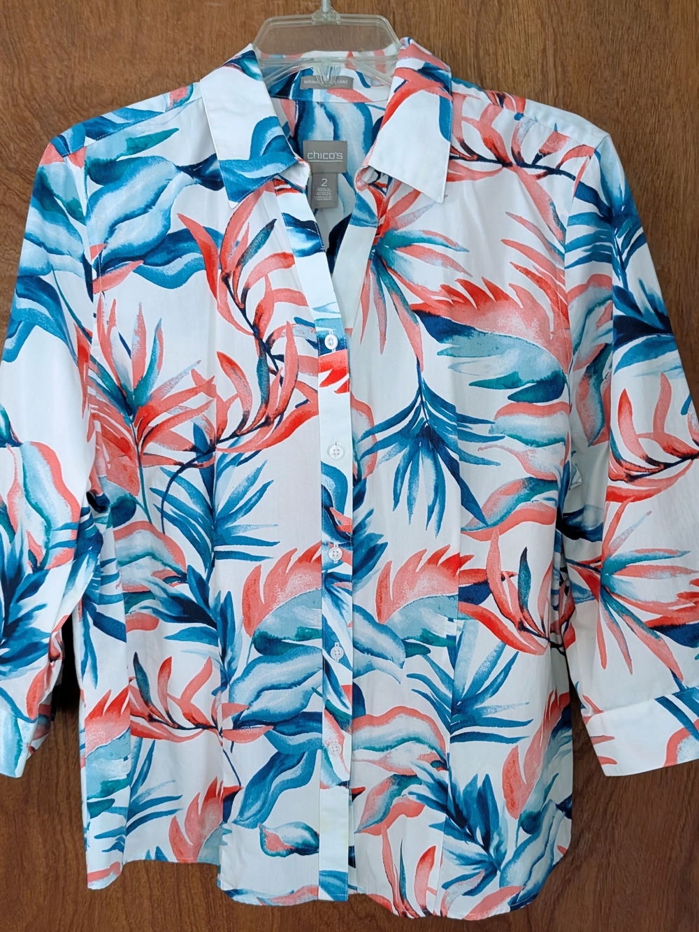 Chico's Coral & Teal Tropical Leaf Button-Front Blouse
